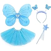 VEKDA 4 Pack Fairy Costume for Girls Butterfly Wings Kids Princess Costume Set with Tutu Skirt,Headband,Fairy Wings and Wand