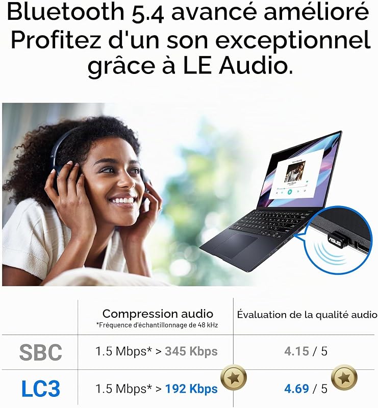 USB-BT540 - Adaptateur USB Bluetooth 5.4, Connexion jusqu'à 7 appareils, Design Ultra-compacte, EDR & BLE, Le Audio, Compatible avec Windows 11/10 & Linux pour Ordinateur de Bureau et Portable
