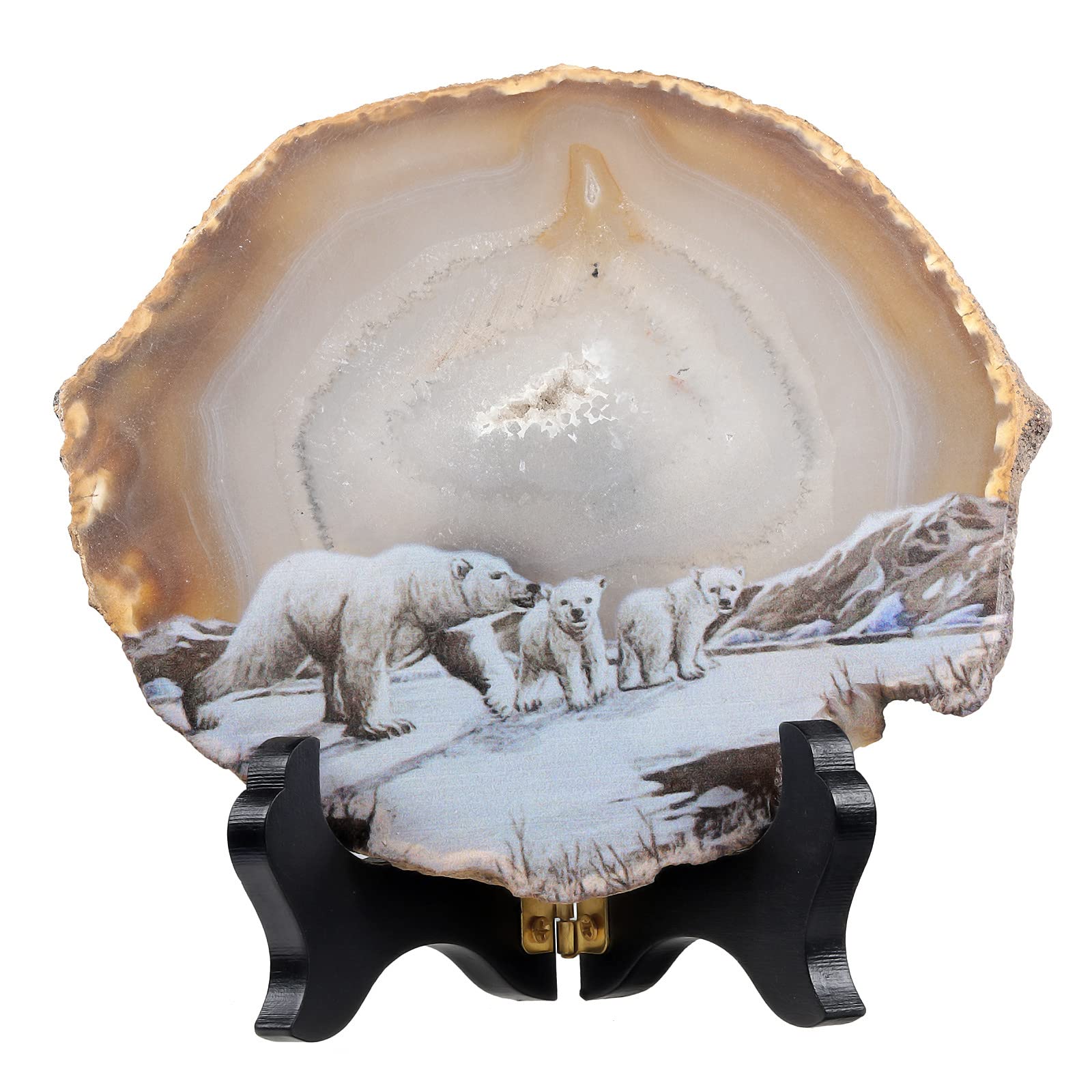 Mookaitedecor Polar Bear Agate Stone Crystal Slice Ornament with Stand - Good Luck Feng Shui Crystal Home Decor, Animal Gift Ornament