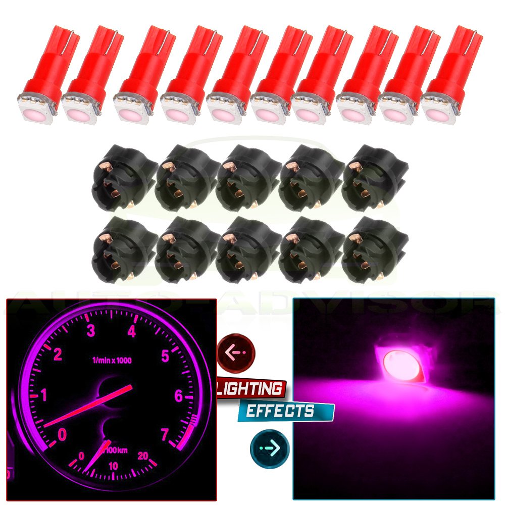 cciyu 10x Pink T5 Wedge 5050 1SMD LED Dash Instrument Panel Light + 10x T5 Twist Sockets 17 37 70 Instrument Panel Cluster Plug Lamp Dash Light Bulb