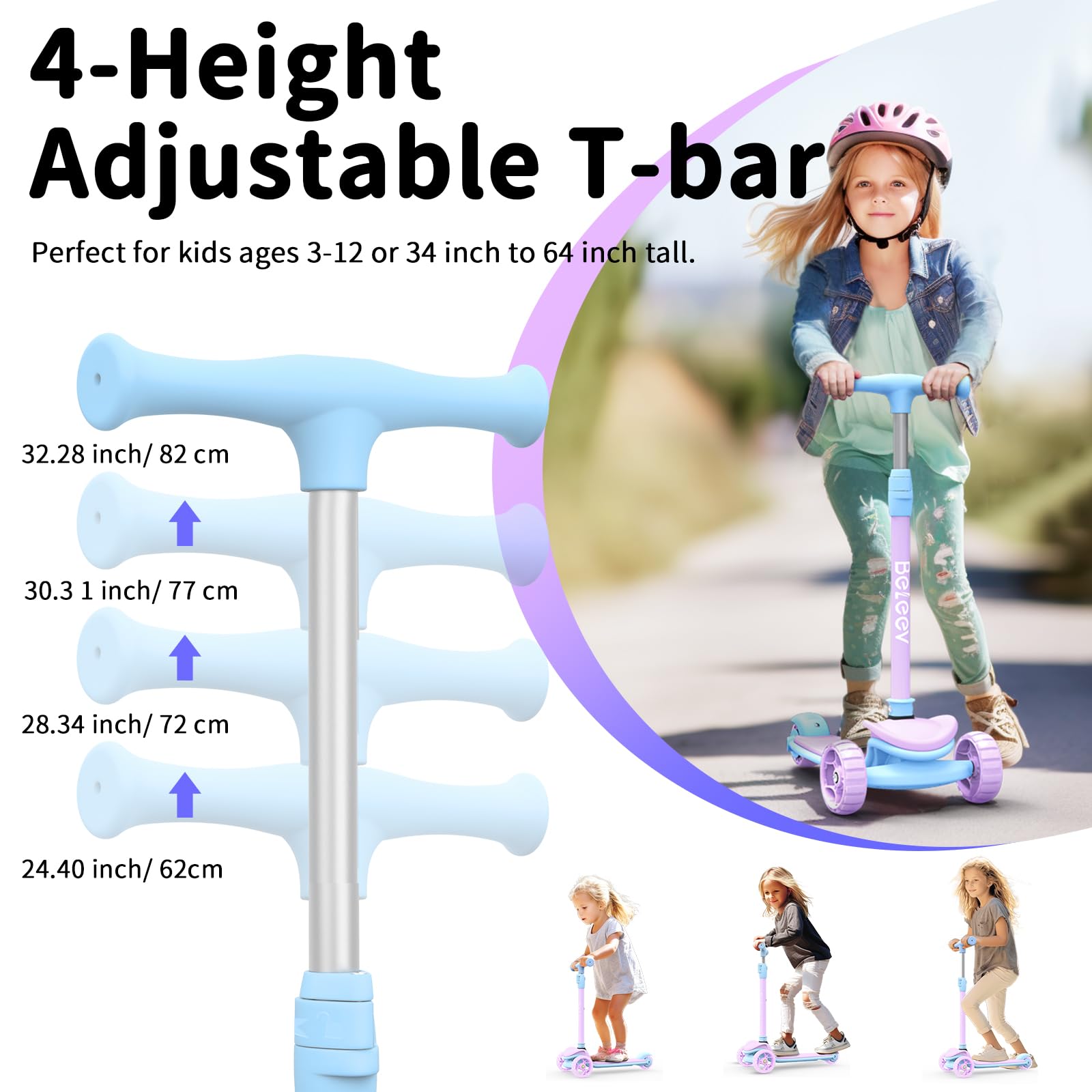BELEEV A8 Scooter for Kids Ages 3-12, 3 Wheel Folding Scooter for Toddlers Girls Boys, LED Light-Up Wheels, 4 Adjustable Height, Lean to Steer, Extra Wide Wheels, Three Wheel Kick Scooter for Children