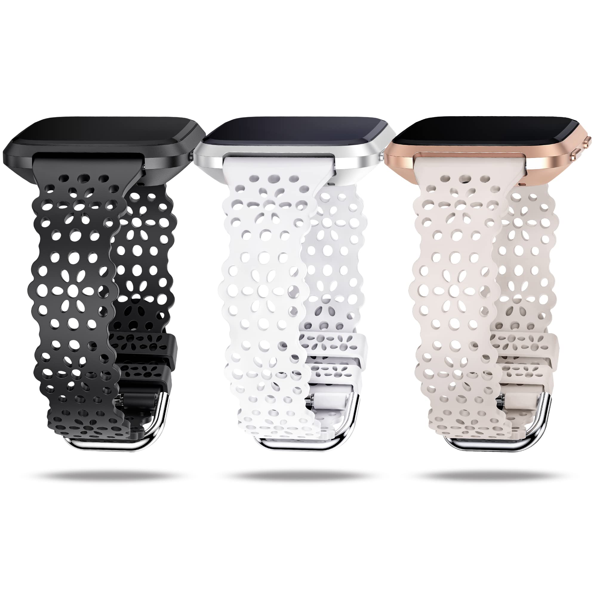TOYOUTHS 3 Pack Lace Silicone Straps Compatible with Fitbit Versa/2, Women Slim Soft Sport Strap Replacement for Versa Lite/SE, Black+Starlight+White