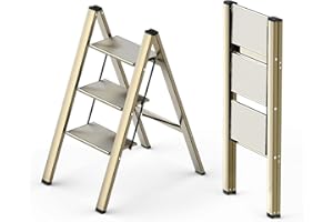 WOA WOA 3 Step Ladder, Foldable Step Stool, Aluminum Lightweight Ladder for Home Kitchen Closet, Anti-Slip Pedals, Ease of Folding, Portable, 300lbs Capacity - Gold