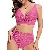Zaverse Women's High Waist Bikini Set Twist Front Textured Swimsuits Two Piece Bathing Suit Summer Beach Resort Swimwear