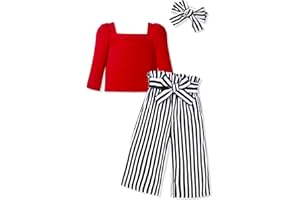 Ribabz Toddler Girl Clothes, Toddler Outfit Square Neck Puff Long Sleeve Top + Striped Pants + Headband 3Pcs Set