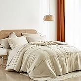 Yogeneg Twin Comforter Set 5 Piece Bed in a Bag,Grid Pinch Pleat Beige Twin Bedding Set,Striped Textured Soft Microfiber Comforter with Sheet Set,All Season Complete Bed Set(Beige,Twin)