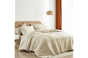 Yogeneg Twin Comforter Set 5 Piece Bed in a Bag,Grid Pinch Pleat Beige Twin Bedding Set,Striped Textured Soft Microfiber Comforter with Sheet Set,All Season Complete Bed Set(Beige,Twin)