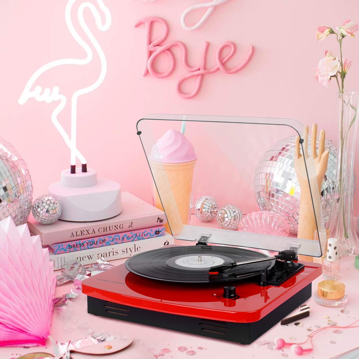 Musitrend LP 3-Speed Turntable with Built-in Stereo Speakers, Vintage Style Record Player Support Vinyl-to-MP3 Recording, RCA Output, Red …