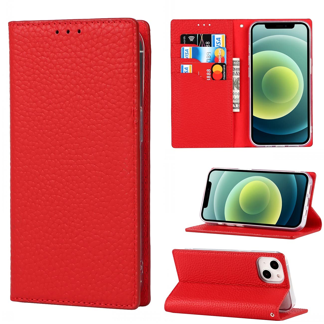 Copmob Case Compatible for iPhone 13 Mini,Premium Genuine Leather Flip Wallet Case,[3 Card Slots][Magnetic Closure][RFID-Blocking],Protective Case Cover for iPhone 13 Mini - Red