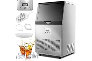 Amzgachfktch Commercial Ice Maker, 100lbs/24H Ice Maker Machine, Auto Self-Cleaning, LED Digital Display, Blue Light, Under Counter/Freestanding Ice Machine for Home/Office/Restaurant/Bar