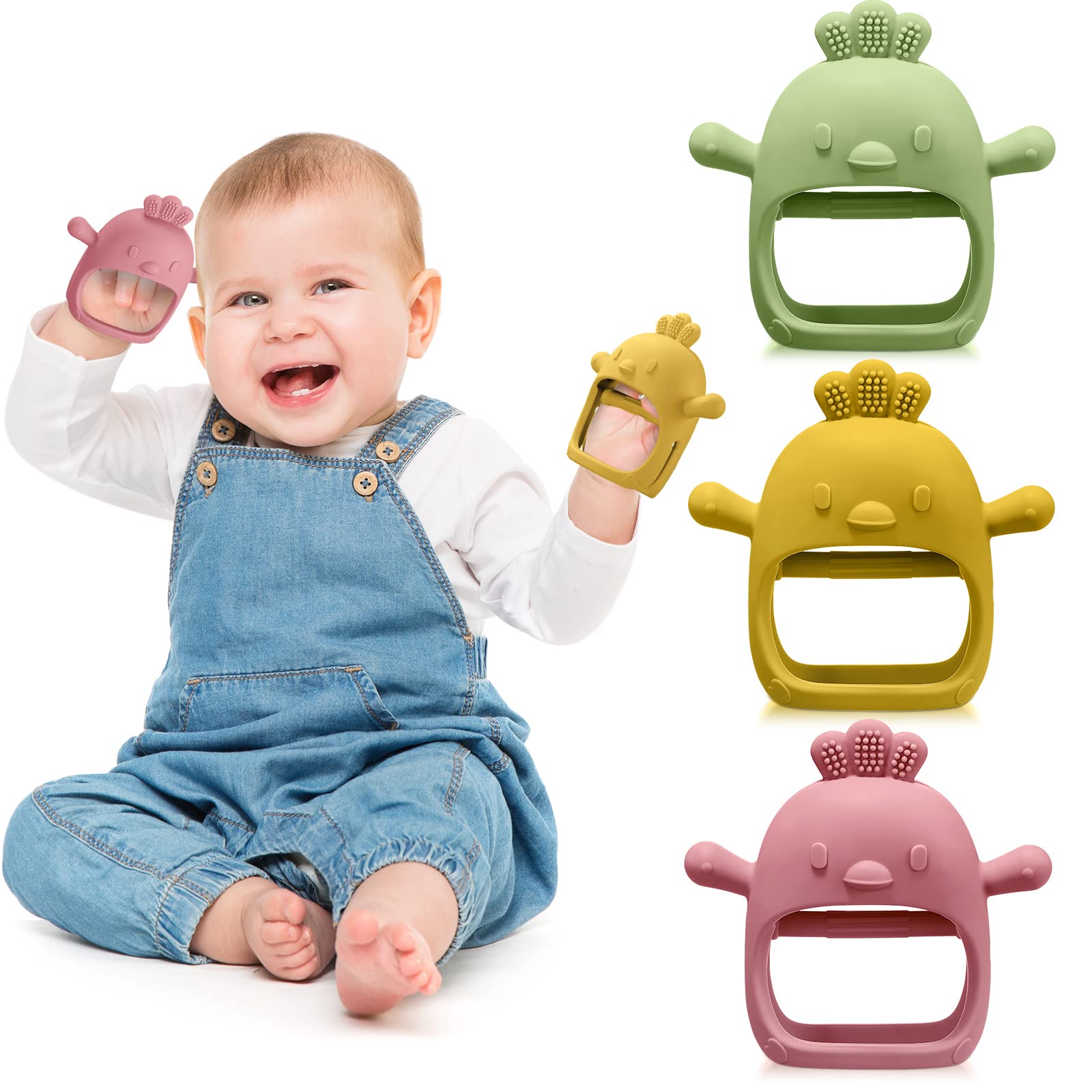 Photo 1 of 3 Pack Baby Teether Teething Toys for Babies 0-6 Months Baby Teething Toy Silicone Anti Dropping Infant Hand Teether Pacifiers Wrist Hand Chew Toys for Sucking Needs(Olive Green, Red, Yellow, Chick)