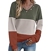 Zeagoo Women Waffle Knit Tops V Neck Long Sleeve Tunics Color Block Casual Blouse Fall Fashion 2026 Button Decor T Shirt