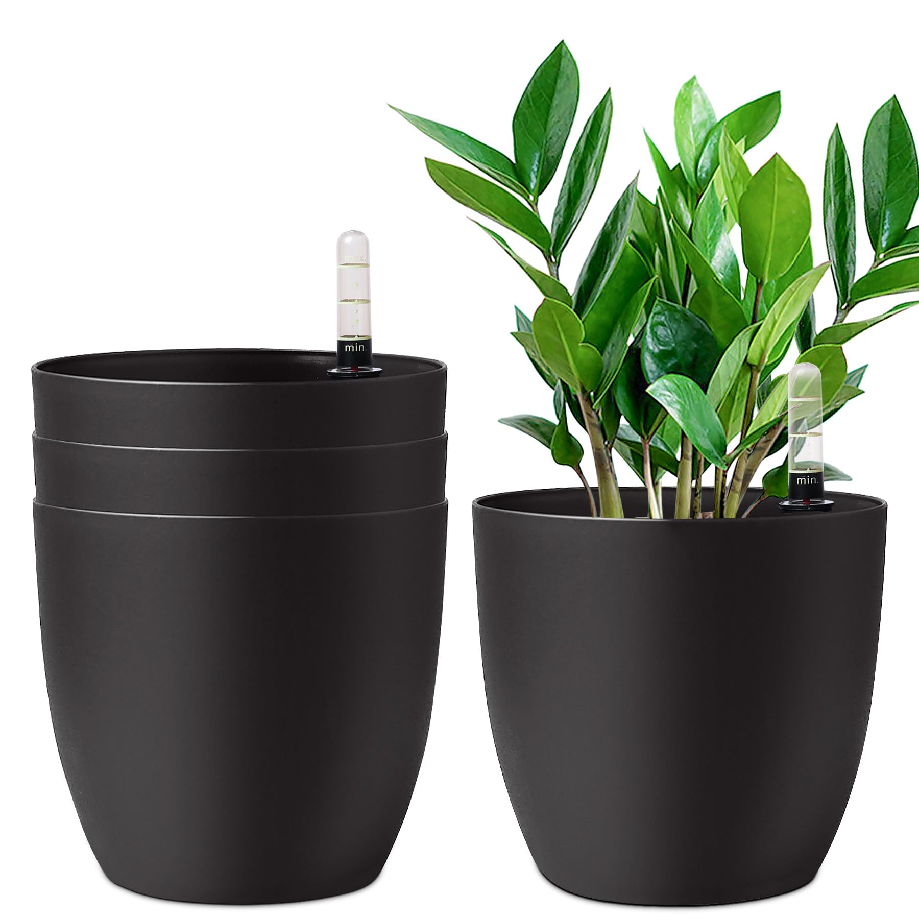 T4U 22CM Black Plant Pots, Self Watering with Water Level Indicator, Set of 4, Indoor/Outdoor, 22*21cm, Garden Style, Polypropylene (PP) Material, Tabletop Mounting, Ideal for Plants, Flowers, Herbs