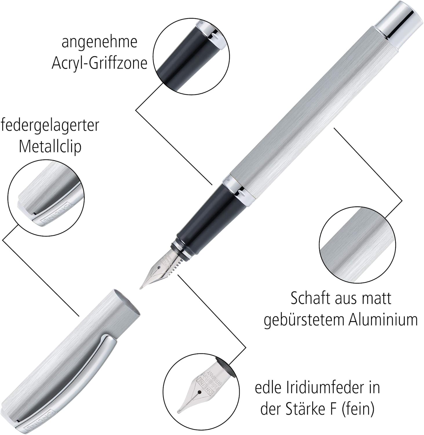 Online, 36603 AA8Vision Black Fountain Pen with Clear Design Matt Brushed Aluminium Iridium Nib F (Fine) Colour: Black - Image 4