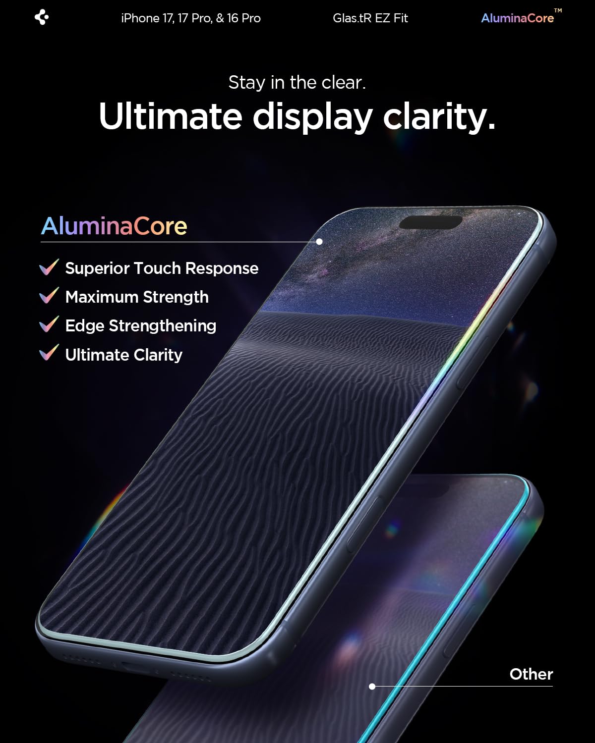 Spigen AluminaCore Tempered Glass Screen Protector [Glas.tR EZ Fit] designed for iPhone 17 Pro | iPhone 17 | iPhone 16 Pro [2 Pack] 9H+ Hardness, Aluminum-Enhanced Durability