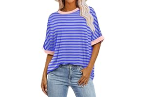 BADHUB Womens Oversized T Shirts 2024 Casual Crewneck Short Half Sleeve Colorblock Striped Summer Tops