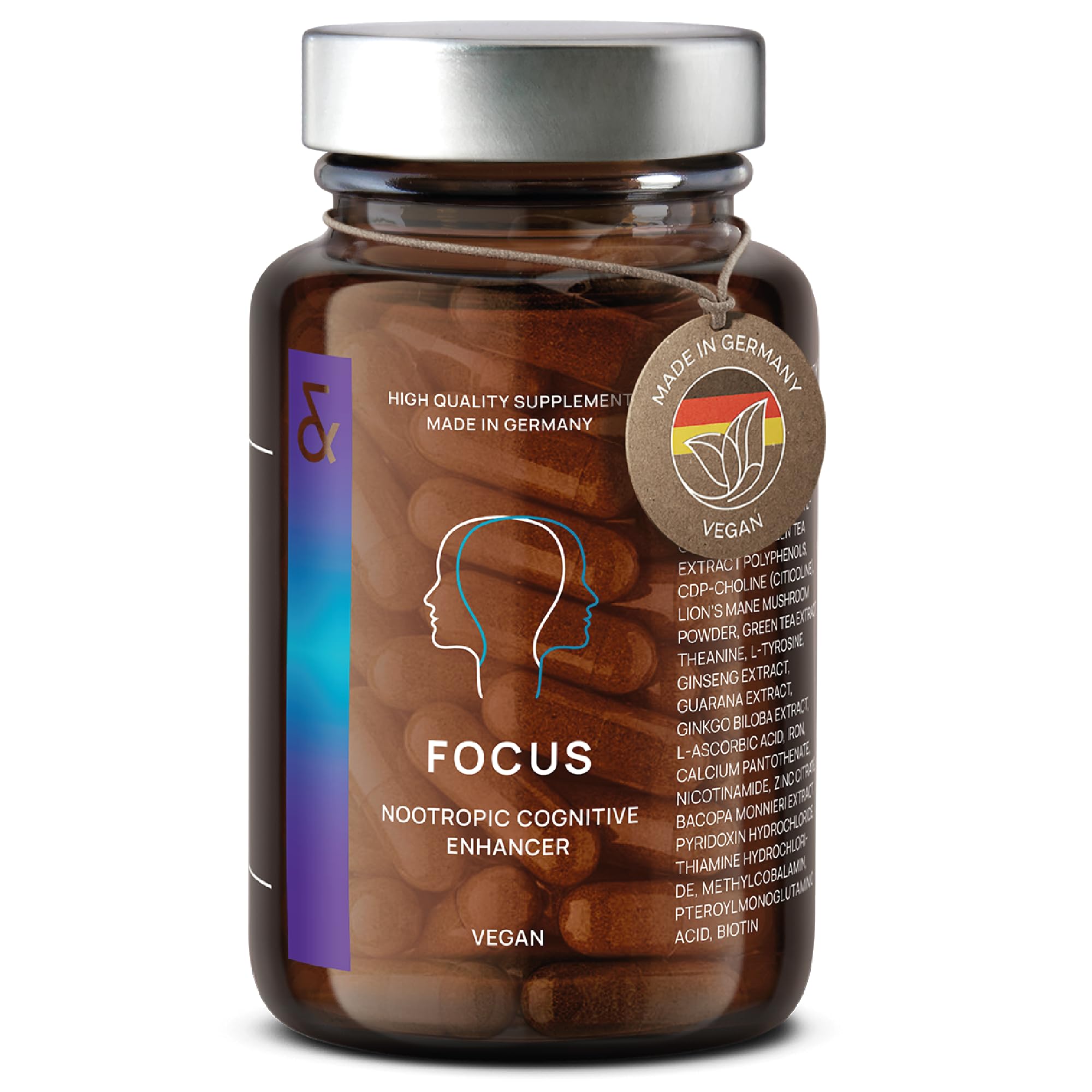 N°4 Focus - Nootropics Brain Supplement - with Lions Mane, Ginseng and Ginkgo Biloba, Bacopa Monnieri, CDP Choline, Vitamin B Complex - Cognitive Enhancer for Concentration & Memory - 60 Capsules