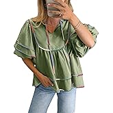 Cicy Bell Womens Summer Babydoll Tops V Neck Short Lantern Sleeve Shirts Cute Loose Fit Peplum Flowy Blouses