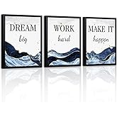 LevvArts Motivational Office Decor Dream Big Work Hard Make It Happen Inspirational Quotes Wall Art Prints Blue and Gold Artwork (Blue)