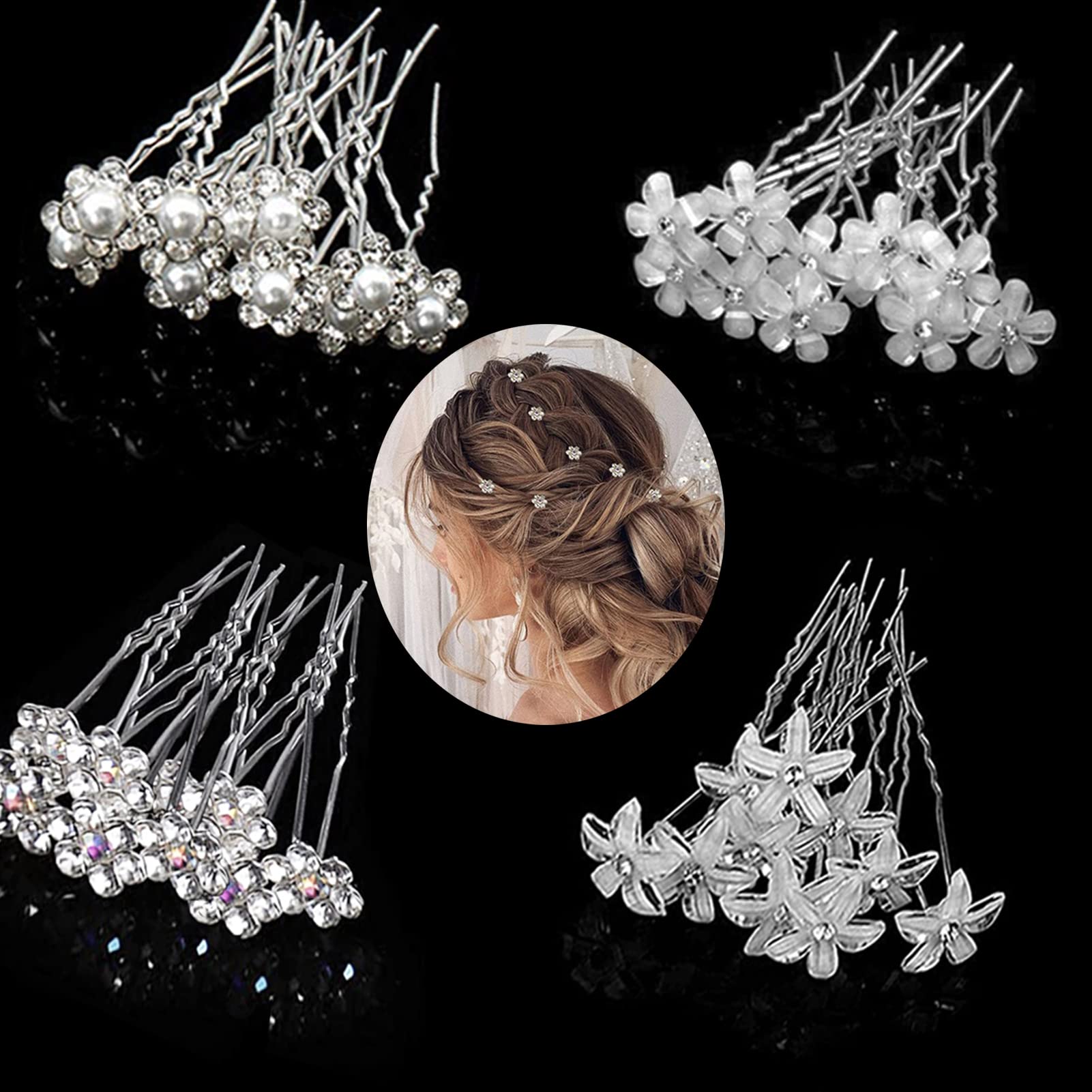 BetterJonny 40PCS Pearl Crystal Hair Pins for Wedding - Silver Rhinestone Flower Accessories, 7CM