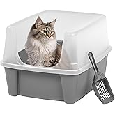 IRIS USA Large Cat Litter Box with Scatter Shield and Scoop, Open Top High Sided Cat Litter Pan, Gray