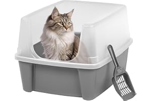 IRIS USA Large Cat Litter Box with Scatter Shield and Scoop, Open Top High Sided Cat Litter Pan, Gray