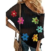 Ecosunny Womens Summer Crochet Tops Scoop Neck Short Sleeve Pullover Sweater Hollow Out Knit Tops Shirts Beach Cover Ups