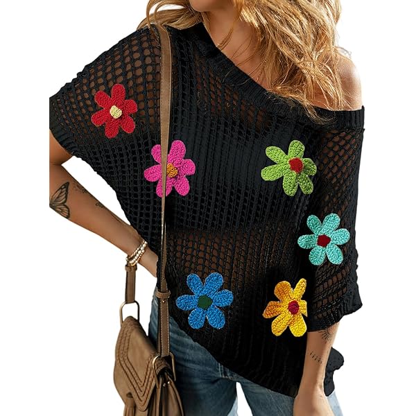 Urchics Top Donna All'Uncinetto Con Fiori Scavati – Copertura A Maniche Corte, Morbido, Colore Unico – Perfetto Per Spiaggia, Estate E Tempo Libero