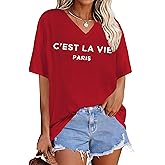 Zoyami Womens Oversized V Neck T Shirts Graphic Vintage Tees Casual Loose Fitting Short Sleeve Tops