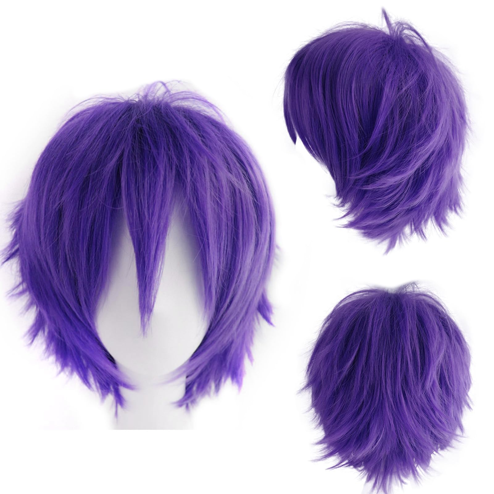 DCBaboo Purple Wig Unisex Cosplay/Anime Short Curly Wig 12" Fluffy Straight Layered Hair with Wig Cap — image 1