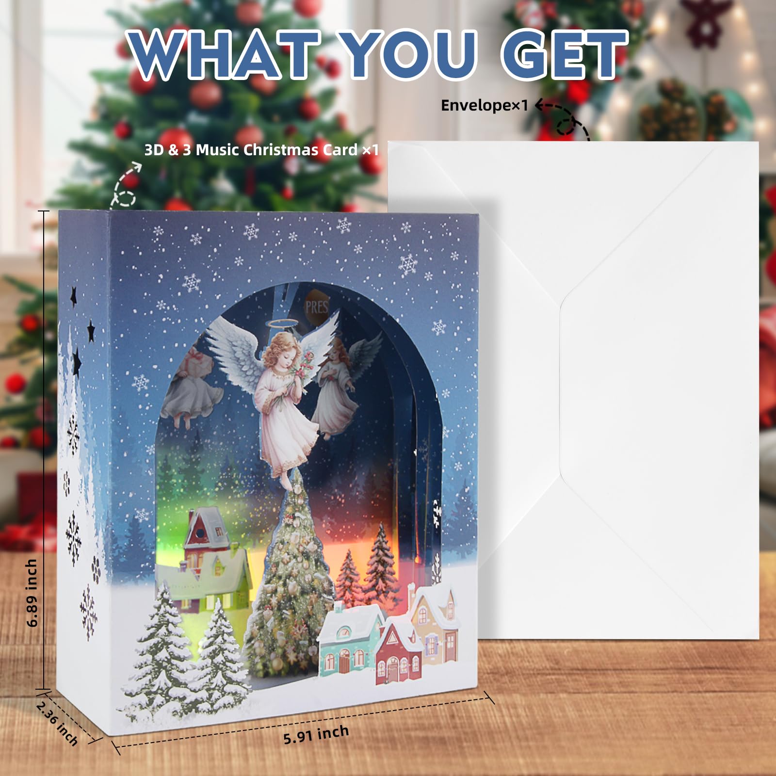 Yinghezu 3D Pop Up Christmas Cards with Lights & Music with Envelopes, Animated Christmas Gift Cards for Mom Women Men Kids Child Dad Father Wife Husband Boys Girls