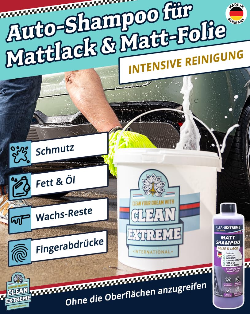 CLEANEXTREME Autowäsche Set Base für Mattlack & Matt-Folie | Autoshampoo Felgenreiniger Insektenentferner Auto-Detailer & Wascheimer mit Deckel 4