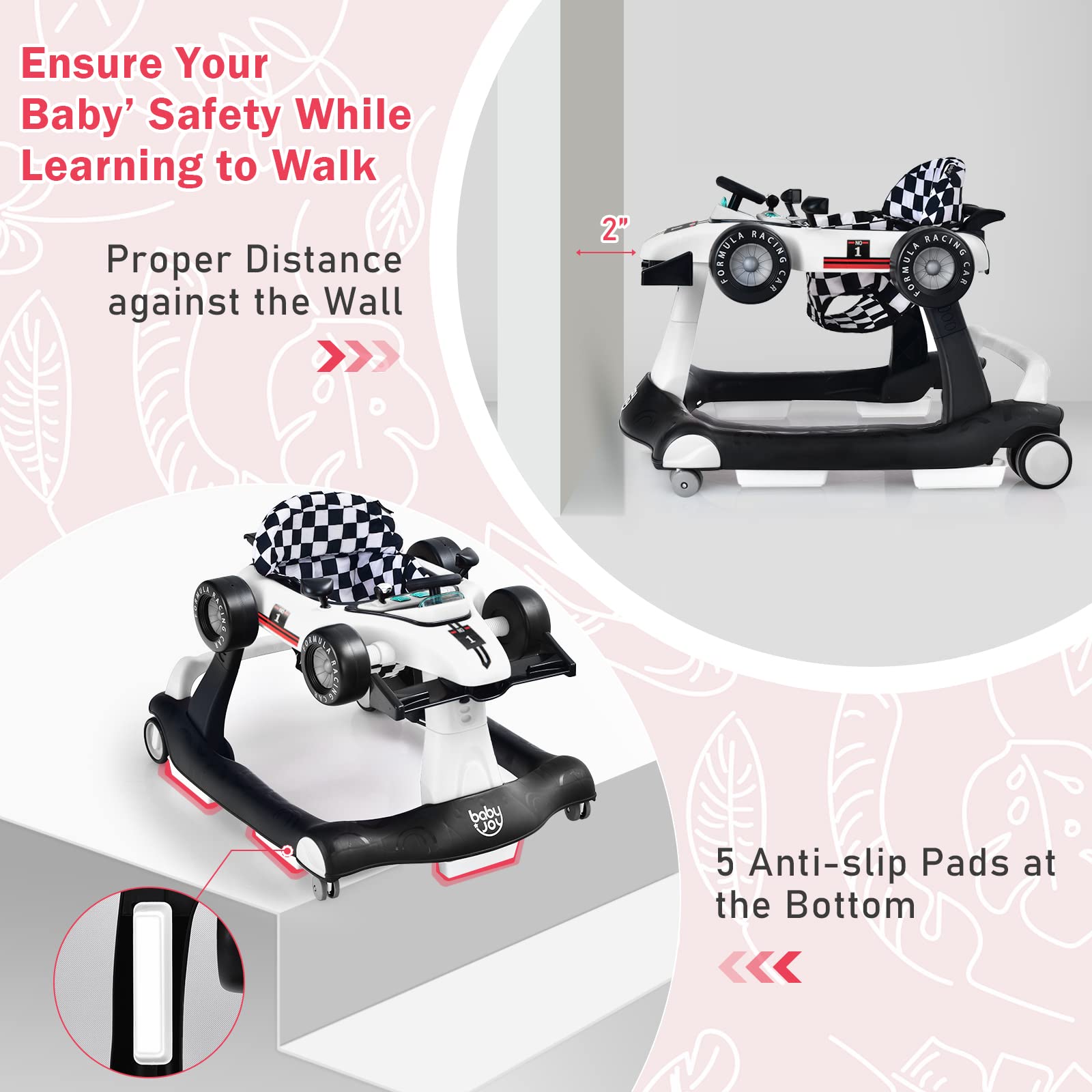 BABY JOY 4-in-1 Baby Walker, Foldable Activity Walker with Adjustable Height & Speed, Music, Lights, Anti-Rollover, Toddler Push Walker, Baby Walker with Wheels for Boys Girls 6-18 Months (White)
