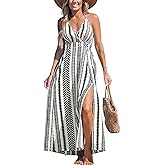 CUPSHE Women Halter Backless Summer Dresses Spaghetti Strap Side Slit Casual Beach Sundress Holiday Vacation Maxi Dress