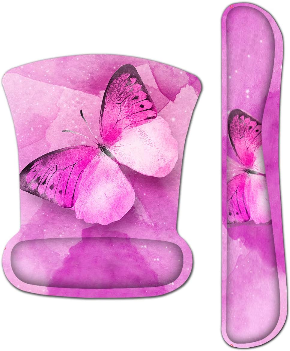 HAPLIVES Ergonomic Keyboard Wrist Rest Pad and Mouse Pad Wrist Support Set with Non-Slip Backing Memory Form-Filled, Easy-Typing and Pain Relief for Gaming Office Computer Laptop (Pink Butterfly)