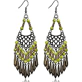 KVANU Handmade Vintage Bronze Bohemian Long Tassel Colorful Bead Dangle Drop Earrings Big Tribal Chandelier Geometry Hook Earrings for Women Statement Jewelry Gifts