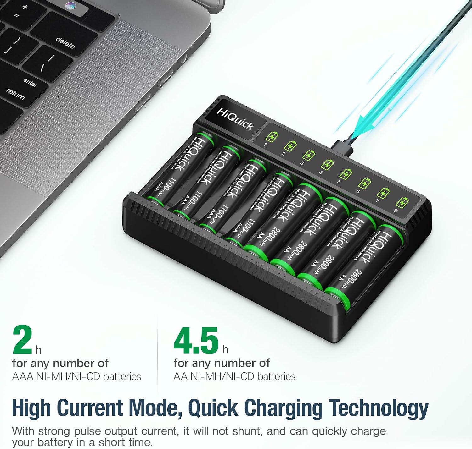 HiQuick 8 Slot AA AAA Battery Charger with 4 AA and 4 AAA NI-MH Rechargeable Batteries- Individual Battery Charger with Type C Input 5V 2A Fast Charging Function and Rechargeable Battery - Image 5