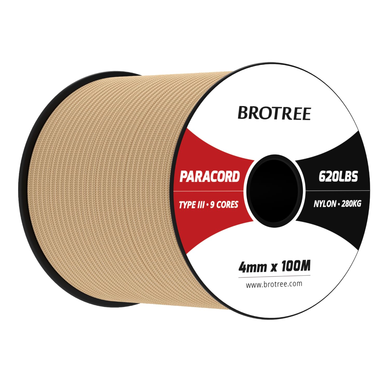Brotree Paracord 4mm 100M 9 Strands 100% Nylon Rope Type 3 Parachute Cord for Outdoor, Bracelet, DIY - 280kg Breaking Load (Khaki)