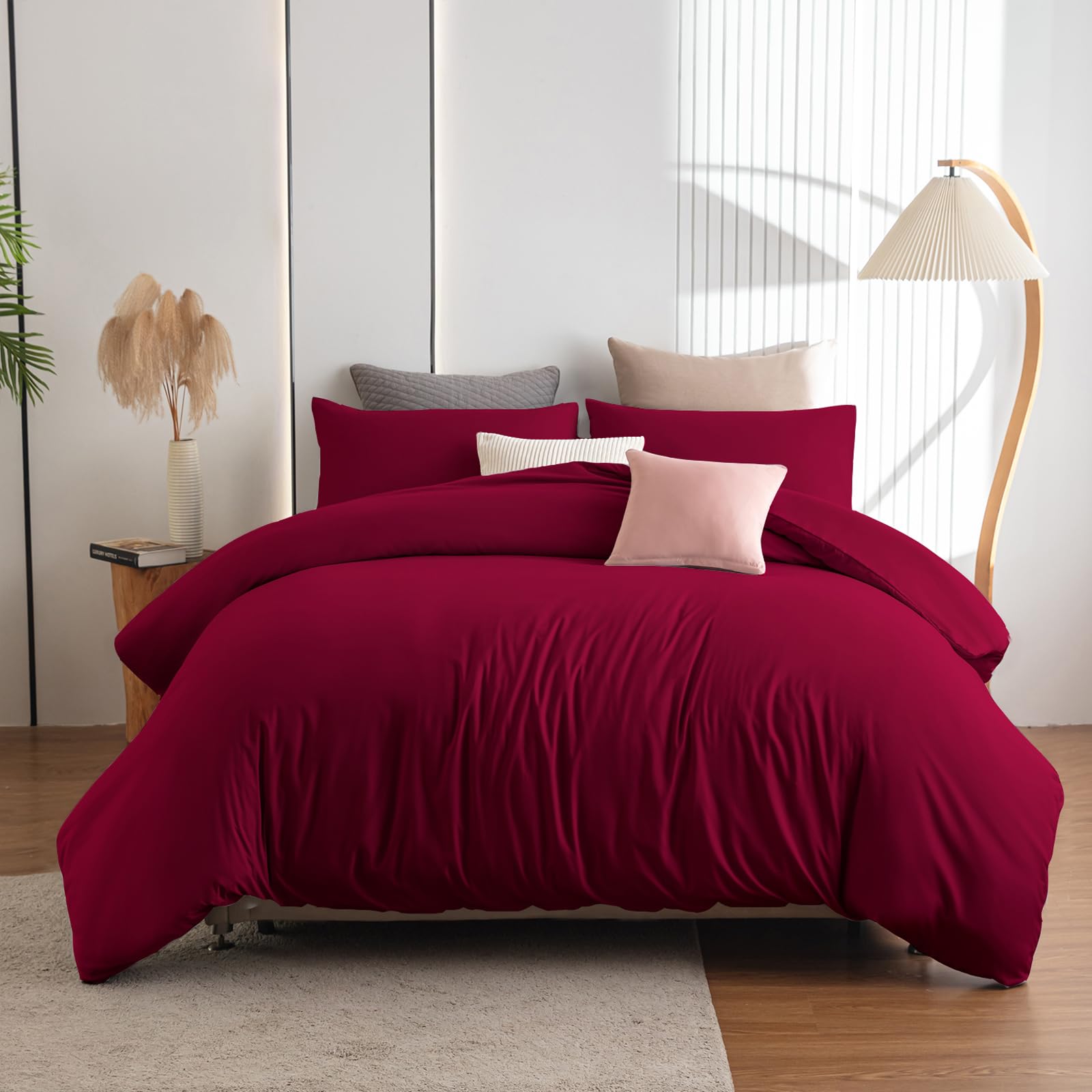 Soifox Super King Duvet Cover Set - Red Bedding Set Superking Size Bed with Zipper Closure, Soft Microfiber Quilt Cover with 2 Pillowcases