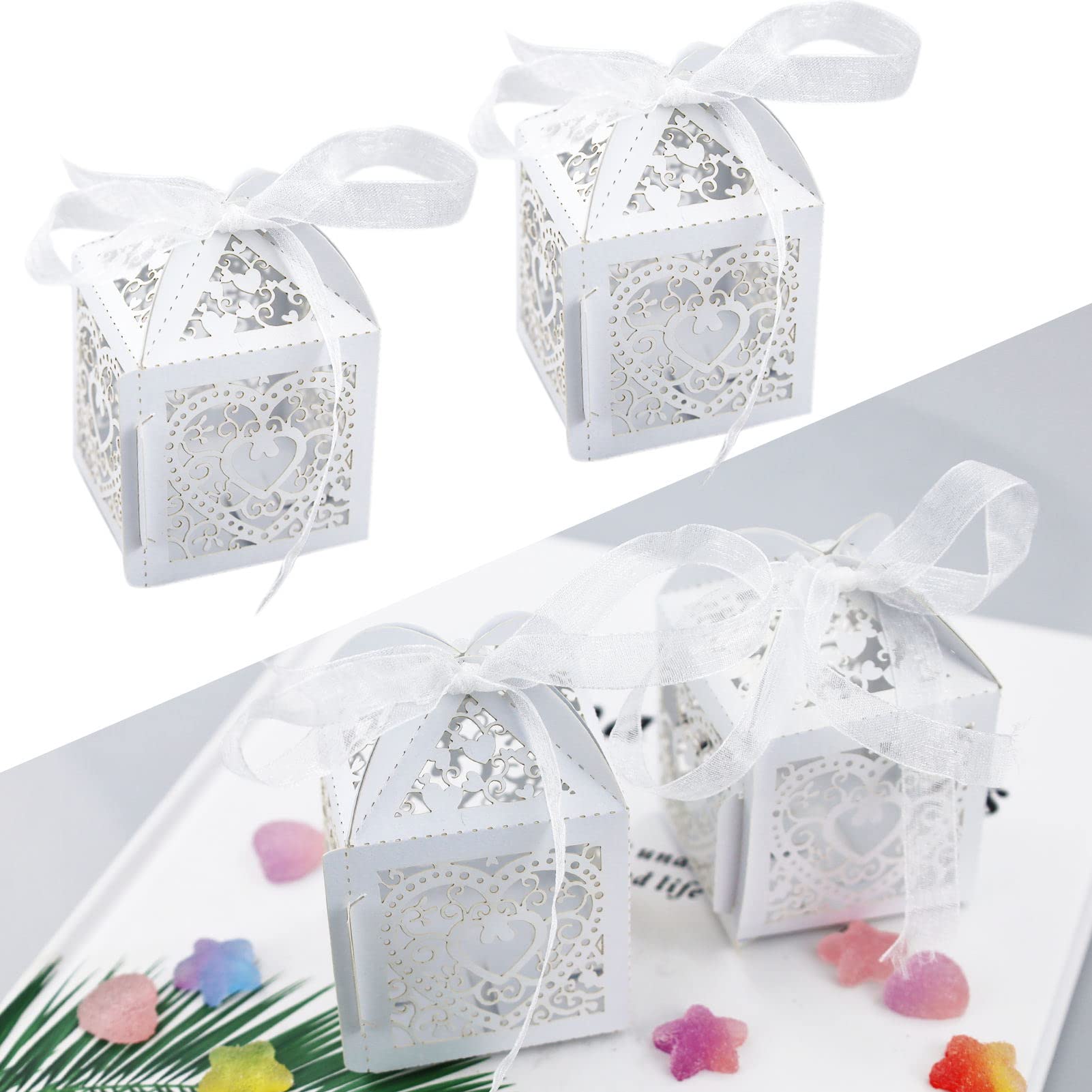 SZCXDKJ 50 Pcs Wedding Boxes, Carved Hollow Small Gift Boxes with Ribbon, Hold Candy Chocolate (5x5x7cm)