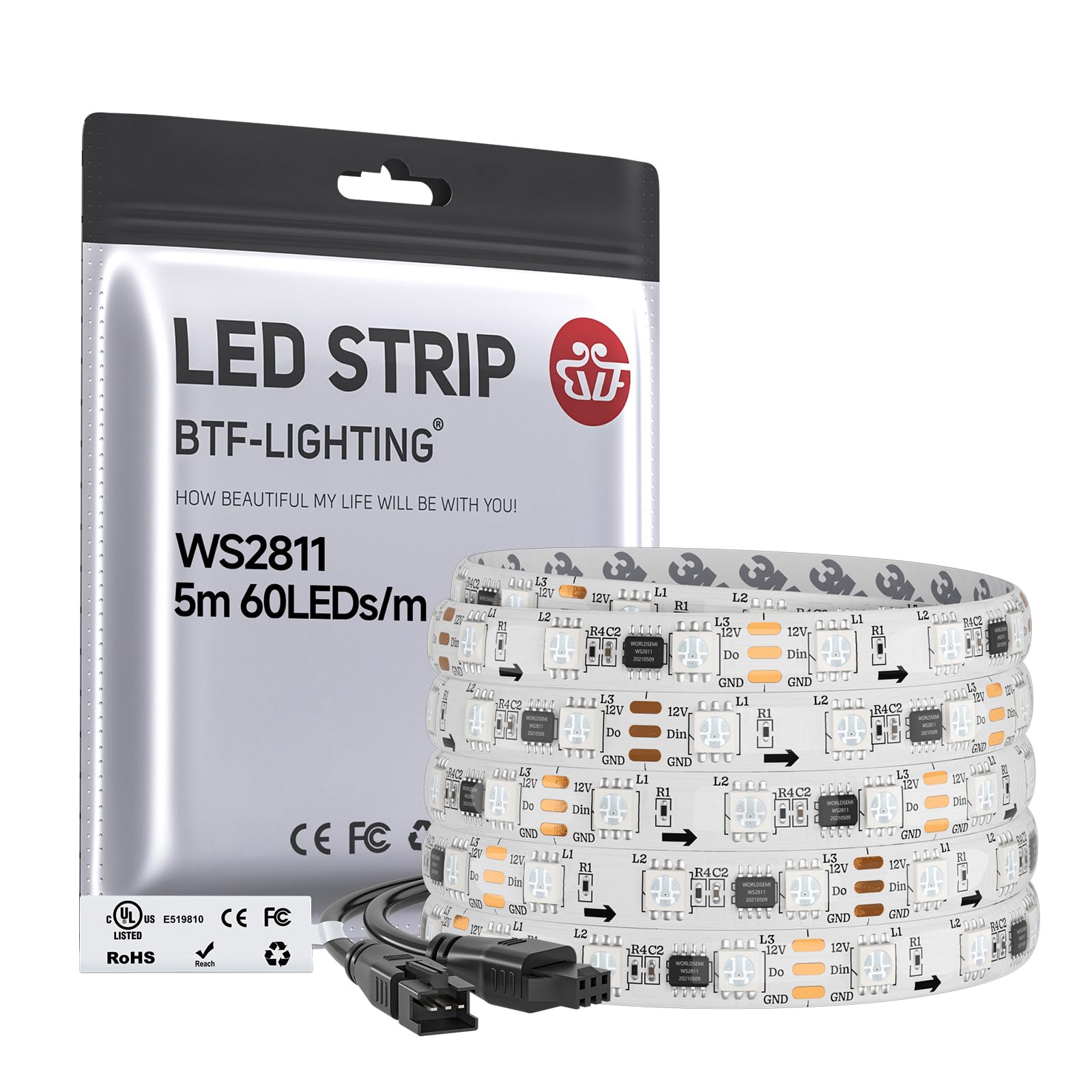 BTF-LIGHTING WS2811 IC Addressable Dream Color LED Strip 16.4FT 60LEDs/m 20Pixels/m 300LEDs 100pixels IP65 Splash Waterproof White PCB Flexible DC12V Chasing Effect