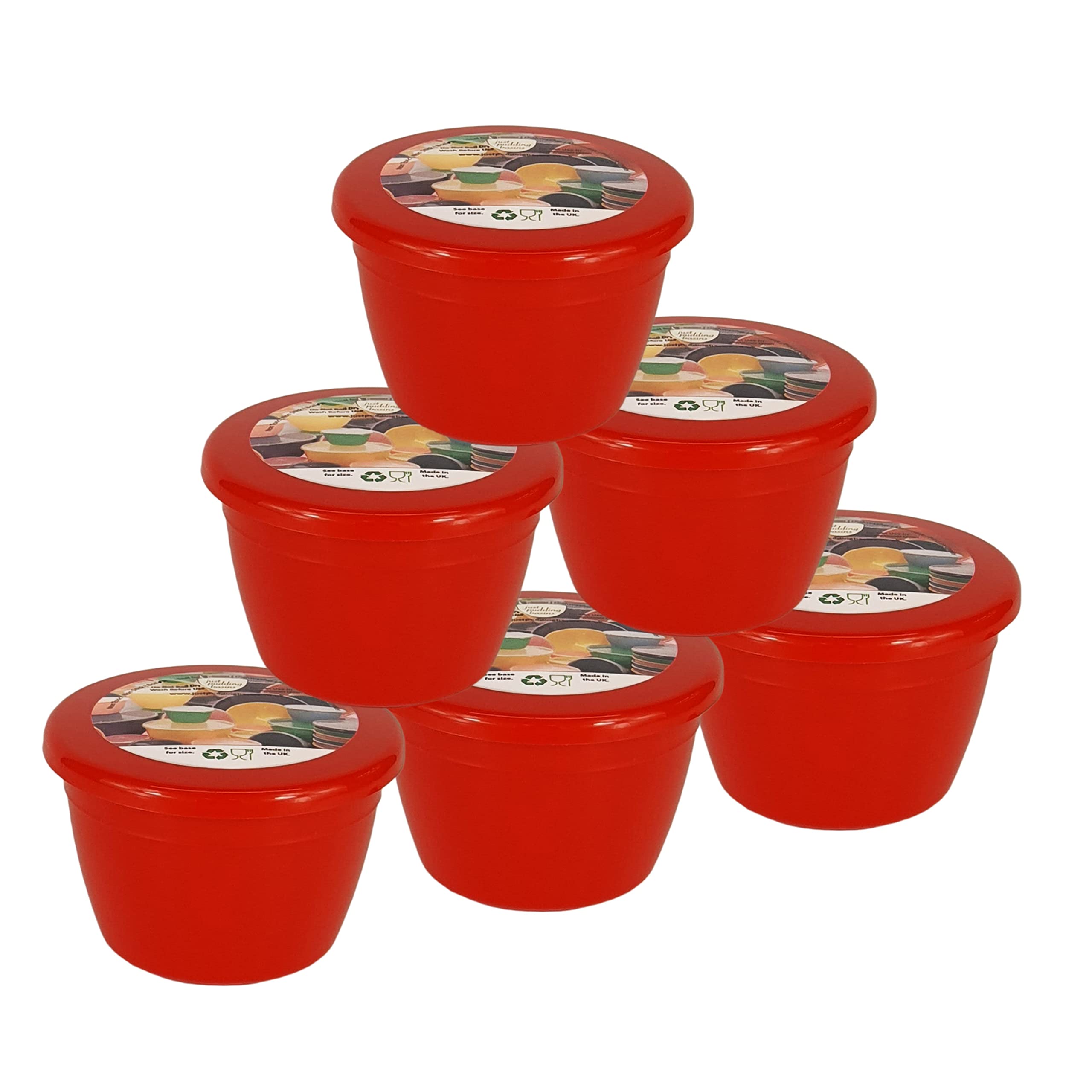 Just Pudding Basins - 0.25 Pint, 140ml Food Safe BPA Free Plastic Multipack 6 Red Bowls and Lids