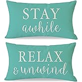 PANDICORN Decorative Throw Pillow Covers 12x20 Inch Set of 2 Stay Awhile Relax & Unwind Turquoise Outdoor Beach Porch Patio Decorations Lumbar Cushion Cases for Home Living Room Sofa Couch Decor