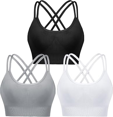 Soutien desportivo de Impacto Médio Almofadado para Mulher - Parte de Cima Curta com Costas Cruzadas e Tiras para Fitness, Ginásio (Preto+Branco+Cinzento, S)