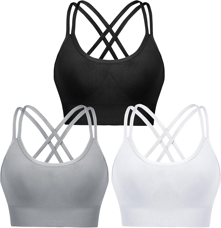 Soutien desportivo de Impacto Médio Almofadado para Mulher - Parte de Cima Curta com Costas Cruzadas e Tiras para Fitness, Ginásio (Preto+Branco+Cinzento, S)