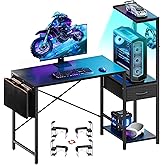 Bestier 44 Inch Gaming Desk for Small Spaces, Reversible Computer Desk with Drawers & Shelves, Modern Gamer Desk Table with Side Bag & Headphone Hook for Home Office, Black
