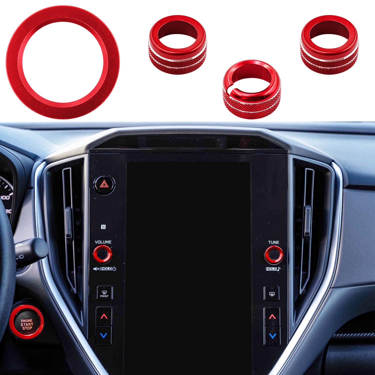 Photo 1 of LOCOY Volume Knob Cover for Subaru Crosstrek/Impreza Accessories 2024 2025, for Forester 2025 Rear Mirror Knob Trim, Start Stop Push Button Cover, Multimedia/Center Console Knob Ring (4pcs, Red)