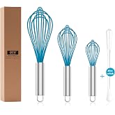 OYV Silicone Whisk,Heat Resistant 480&deg;F Whisks For Cooking Non Scratch,Stainless Steel wired wisk,Plastic Rubber Whisk Tool For Nonstick Cookware Pans,Silicon Wisks Set of 4,Blue