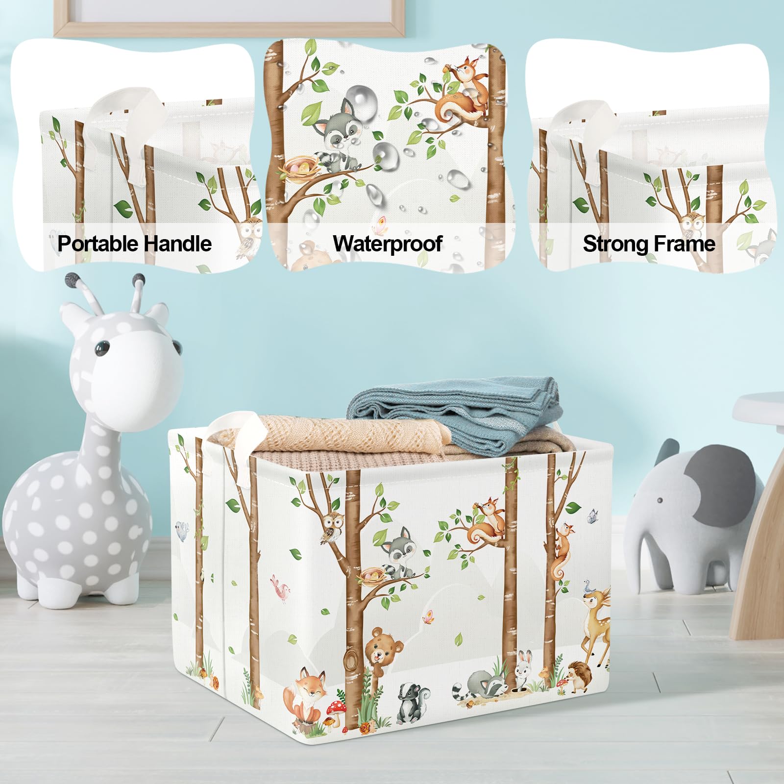 Clastyle Large Birch Tree Animal Storage Basket Collapsible Woodland Fox Bear Book Shelf Basket Rectangle Toy Clothes Cube Storage Basket for Kids Room