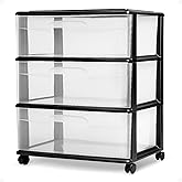 HOMZ Drawer Tower, 3-Tier Wide Clear Plastic Storage Organizer Cart, Black Frame - Organizing Containers with Wheels for Home, Bathroom, Bedroom, Office, and Classroom